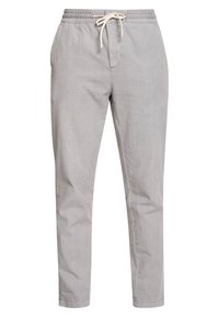 Pantaloni grigi chiari realizzati in tessuto morbido. Presentano una vita elasticizzata con coulisse, due tasche laterali e una gamba affusolata.