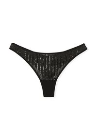 Perizoma nero con pannello frontale di paillettes a strisce verticali. Tessuto liscio con decorazioni lucide a contrasto.