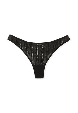 Perizoma nero con pannello frontale di paillettes a strisce verticali. Tessuto liscio con decorazioni lucide a contrasto.