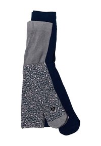Drei Paare Socken: ein navyblau, eines grau mit Muster und eines einfarbig navyblau mit verstärkter Zehenpartie. Hergestellt aus Strickstoff, mit weicher Textur.