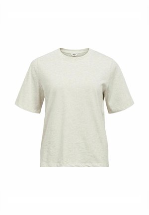 Tricou bej deschis simplu cu mâneci scurte și gât rotund, cu croială lejeră, afișat pe fundal alb.