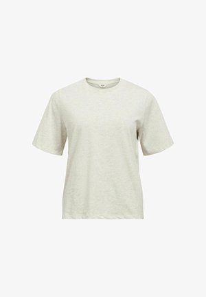 Yksivärinen vaalea beige lyhythihainen pyöreäkaulainen T-paita, jossa rennon väljä istuvuus, valkoisella taustalla esitettynä.