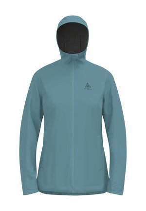 Teal lichtgewicht jas met een rits aan de voorkant, verstelbare capuchon en subtiel logo. Heeft een gladde textuur en een aansluitend ontwerp dat geschikt is voor het dragen in lagen.