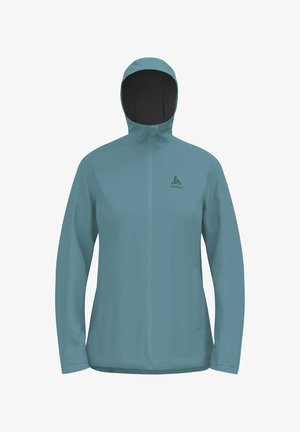 Teal lichtgewicht jas met een rits aan de voorkant, verstelbare capuchon en subtiel logo. Heeft een gladde textuur en een aansluitend ontwerp dat geschikt is voor het dragen in lagen.