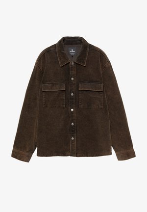 Veste en velours côtelé marron avec un col, deux poches poitrine, des fermetures à bouton et des manches longues. Texture rayée verticale sur l'ensemble.