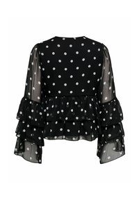 Blouse noire transparente à pois blancs, manches longues à volants étagés et taille peplum, vue de dos.