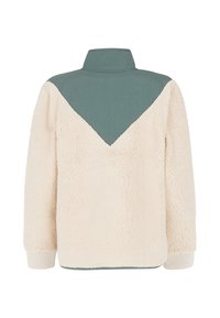 Fleecetrui met een lichte crème kleurige lijf en een teal schouderpiece. Heeft een hoge kraag en ribgebreide manchetten. Zachte textuur met een gestructureerde afwerking.