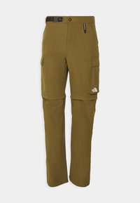 Spodnie cargo w oliwkowym kolorze. Posiadają wiele kieszeni, pasek z plastikową klamrą oraz logo na dolnej lewej nogawce. Gładka tekstura.