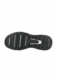 Suola di scarpa in gomma nera con scanalature orizzontali e verticali, caratterizzata da accenti bianchi. Progettata per garantire aderenza con una zona del tallone liscia.