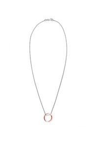 Zilveren ketting met een cirkelvormige hanger en een rosegouden accent, gladde afwerking en subtiele textuur. Ontwerp zonder sluiting.