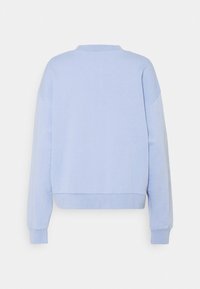Felpa azzurra chiara con colletto rotondo, maniche lunghe e polsini a coste. Presenta una vestibilità comoda e una texture morbida senza loghi o pattern visibili.