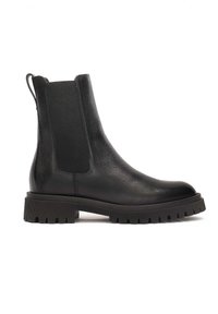 Black leather ankle boot with elastic side panels, round toe, and chunky rubber sole featuring a textured tread pattern.