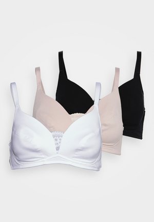 Tre reggiseni: bianco, rosa chiaro e nero. Tessuto morbido, coppe sagomate, spalline regolabili e dettagli in pizzo al centro del reggiseno bianco.