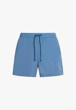 Modre kopalne hlače iz lahkega materiala, z elastičnim pasom in vrvico, ter velikim logotipom 'KARL' na strani.