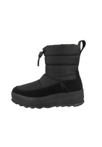 Bota de invierno negra, impermeable, con parte superior acolchada, superficie sintética suave, suela de goma texturizada y tirador para ponérsela fácilmente.