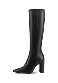Botas de cuero negro hasta la rodilla con punta afilada y tacón rectangular, que presentan una textura suave y un diseño de costura limpio.