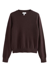 Brown wool sweater with a crew neckline, long sleeves, and ribbed cuffs and hem. Soft texture and simple, classic design.