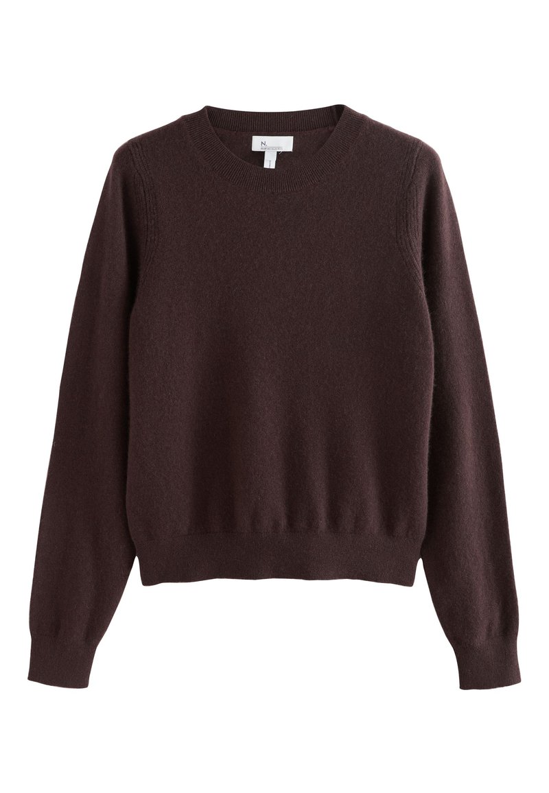 Brown wool sweater with a crew neckline, long sleeves, and ribbed cuffs and hem. Soft texture and simple, classic design.