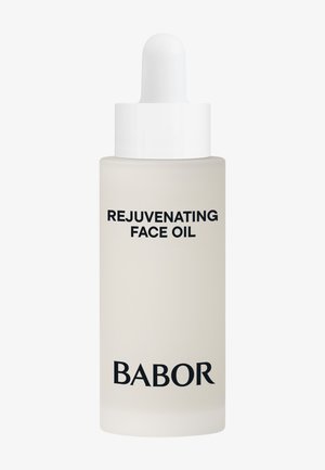 Transparent glass bottle with a dropper, labeled "Rejuvenating Face Oil" in bold black text, featuring a white cap and a smooth matte finish.