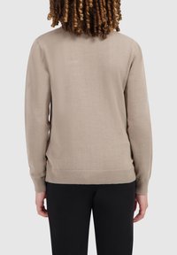 Beige trui met een gladde textuur, lange mouwen en een geribde zoom. Heeft een eenvoudig ontwerp zonder opvallende patronen of accenten.