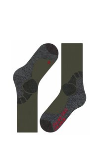 Skarpety oliwkowozielone z ciemnoszarymi akcentami, z wzmocnionymi piętą i palcami oraz czerwoną marką. Całość o prążkowanej fakturze.