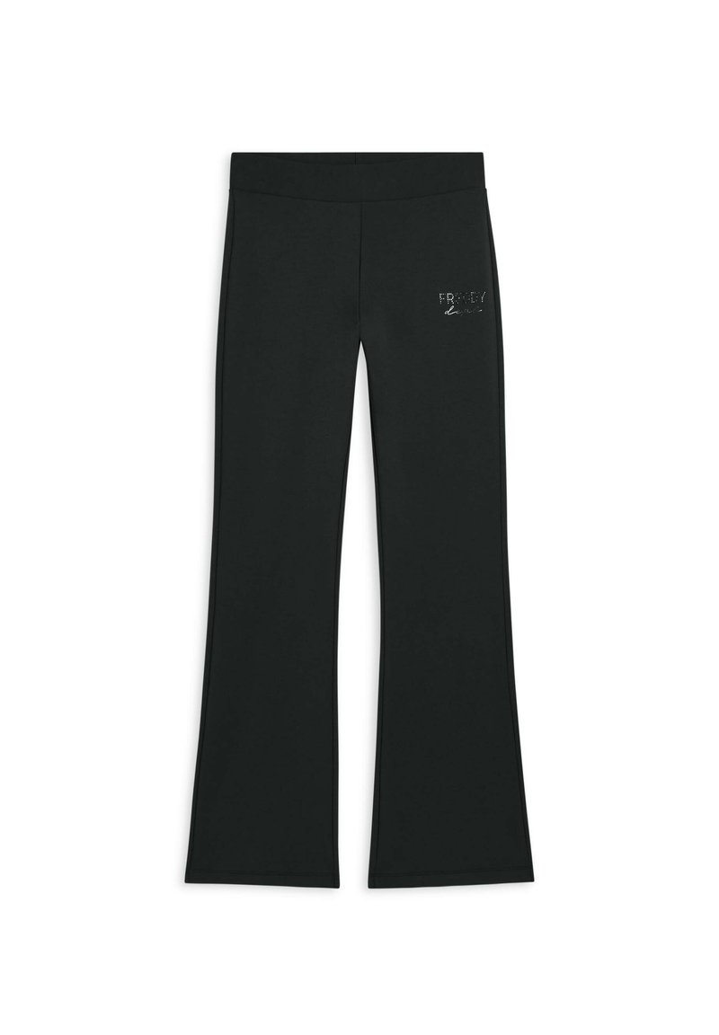 Leggings neri a zampa d'elefante realizzati in tessuto elasticizzato, con un logo decorativo argentato sul fianco sinistro e una cintura liscia.