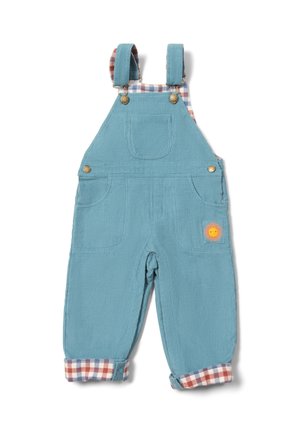 Light blue corduroy overalls with plaid lining, adjustable straps, two front pockets, and an orange sun patch on the right pocket.