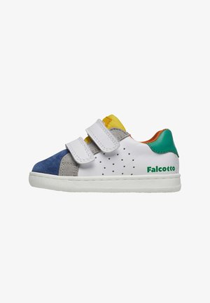Multicolored children's sneaker featuring white synthetic upper, blue suede, grey textile, yellow accents, and two Velcro straps. Green logo detail.