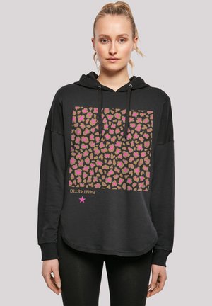 Schwarze Kapuzenjacke mit einem pinken und braunen Leopardenmuster-Graphic. Verfügt über eine Kapuze mit Kordelzug und eine lockere Passform mit abgerundetem Saum.