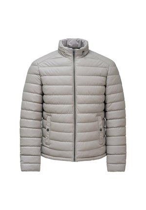 Chaqueta de plumas acolchada de color gris claro con cuello alto, cremallera frontal y bolsillos laterales con botón a presión, exhibida de frente sobre un fondo blanco.