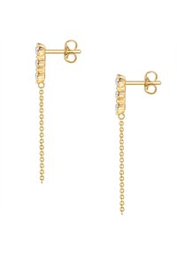 Zelta auskari ar ķēdes pilienu, kas rotāti ar trim caurspīdīgām dārgakmeņiem uz teksturētas gredzenveida daļas, droši piestiprināti ar tauriņa aizdari.