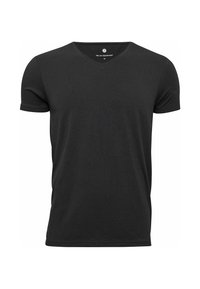 Sort kortærmet T-shirt med V-hals. Lavet af blødt stof, præsenterer en minimalistisk stil uden synlige mønstre eller detaljer.