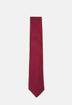 Bordeauxfarbige Krawatte mit subtilen geometrischen Mustern, aus glattem Stoff gefertigt, mit schlankem Design und spitzer Spitze.