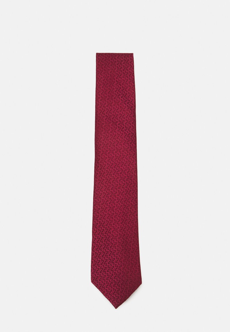 Cravat burgundy cu un model geometric subtil, realizat dintr-o țesătură netedă, cu un design subțire și vârf ascuțit.
