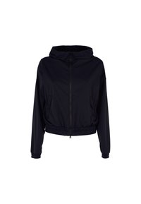 Giacca navy con zip frontale, cappuccio, maniche lunghe e polsini elastici. Presenta due tasche laterali e un orlo cropped. Tessuto liscio.