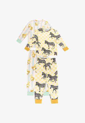 Due set di pigiami per bambini: uno con paperelle gialle su strisce blu e polsini verdi, l'altro con zebre nere su scacchi gialli e polsini gialli.