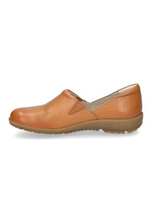 Schlüpfschuhe aus glattem, hellbraunem Leder mit niedrigem Absatz, abgerundeter Spitze und elastischen seitlichen Akzenten; flexible Gummisohle.