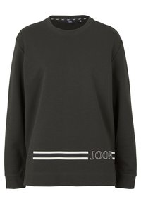 Tmavě šedá mikina s dlouhým rukávem z bavlny, s kulatým výstřihem, bílými proužky na spodní části a bílým nápisem "JOOP".