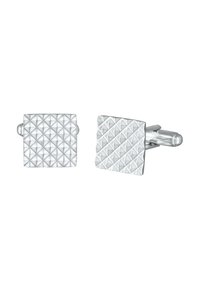 Boutons de manchette en métal argenté avec une forme rectangulaire et un motif texturé de pyramides sur la surface. Comprend une fermeture à latch.