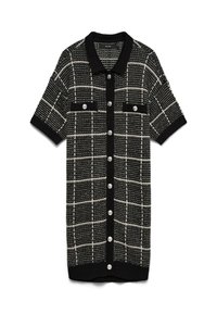 Melnā un baltā rakstā veidota īsām piedurknēm kleita ar apkakles daļu, kurai ir divas priekšējās kabatas un lieli sudraba pogas gar priekšpusi.