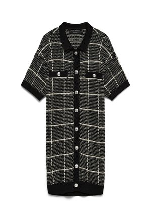 Zwart-wit gestreepte jurk met korte mouwen en een kraag, voorzien van twee voorzakken en grote zilveren knopen aan de voorkant.