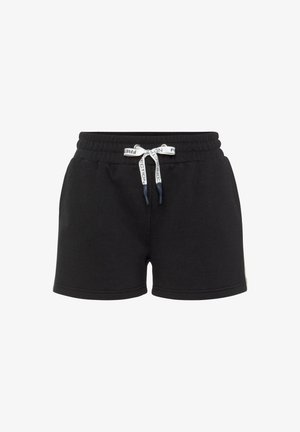 Black cotton shorts with an elastic waistband, drawstring in contrasting white and blue, and side seam for a relaxed fit.