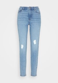 Jasnoniebieskie dżinsy w wąskim kroju, z przetarciami na kolanach i klasycznym pięciopocketowym designem.