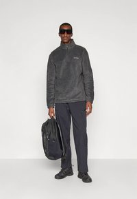 Uomo che indossa una giacca di pile grigio scuro, pantaloni neri, sneakers nere e occhiali da sole, con uno zaino nero in mano su uno sfondo neutro.