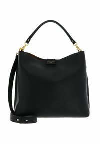 Sac à main noir en cuir texturé avec une poignée supérieure, une bandoulière détachable et une petite étiquette avant avec des accents en métal doré.
