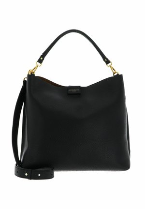 Sac à main noir en cuir texturé avec une poignée supérieure, une bandoulière détachable et une petite étiquette avant avec des accents en métal doré.