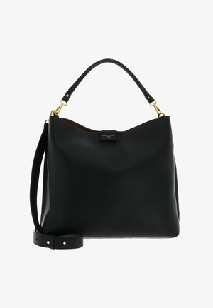 Sac à main noir en cuir texturé avec une poignée supérieure, une bandoulière détachable et une petite étiquette avant avec des accents en métal doré.