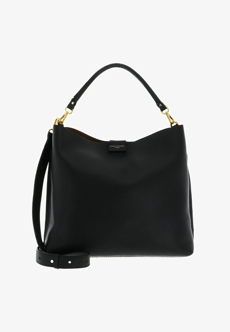 Schwarze handgefertigte Lederhandtasche mit Obergriff, abnehmbarem Schulterriemen und kleinem Frontetikett mit goldfarbenen Accents.