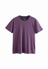Paarse T-shirt met korte mouwen van een gestructureerde stof en een ronde hals. Beschikt over een subtiele logo op de linksonder en grijze accenten.