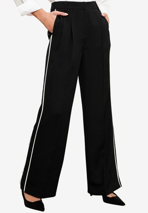 Zwarte geplooide broek met witte zijkanten, met een wijde pijpdesign en zakken. Gemaakt van soepele stof. Combineer met puntige schoenen.